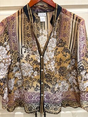 Vintage Nicola Floral Stripe Sheer Button-Front Blouse in Gold & Purple